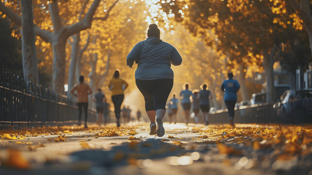 A plus-sized runner crossing the finish line with arms raised in triumph during a marathon. fat woman running