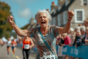 Joyful senior woman celebrating at a race finish - Powered by Adobe