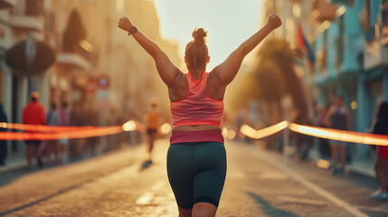 A plus-sized runner crossing the finish line with arms raised in triumph during a marathon. fat woman running