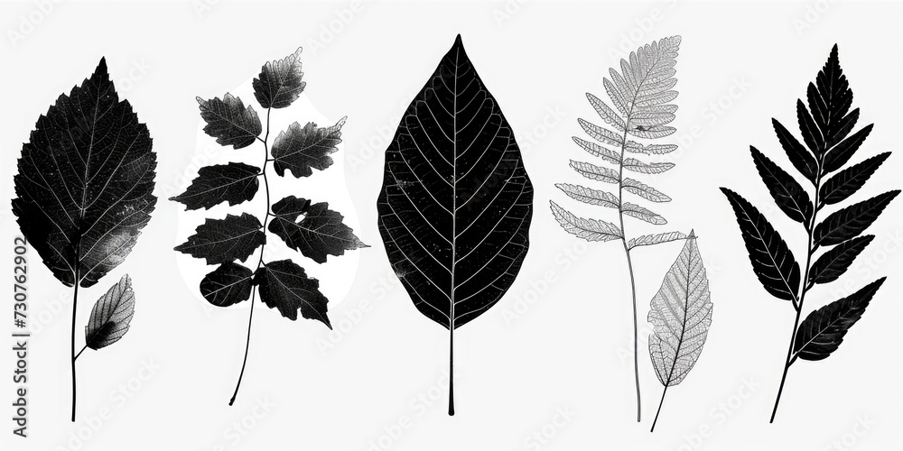 Poster a collection of different types of leaves on a white background. can be used for nature-themed desig