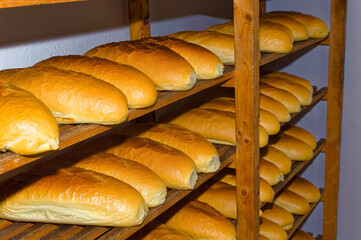 Fresh bread resting on shelves before transportation to the shops.