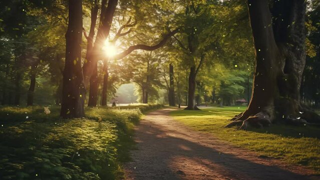 sunlit path in a park before sunset. morning in the forest. seamless looping overlay 4k virtual video animation background 