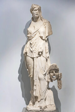 Muse with mask. Ancient Greek marble statue from the theatre at Aphrodisias. October 11, 2023. Geyre, Aydin, Turkey