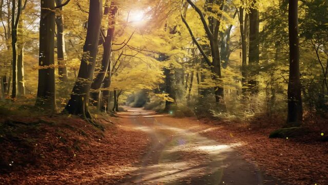 woodland walk in the new forest in autumn. path in the forest. seamless looping overlay 4k virtual video animation background 
