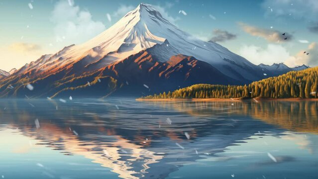 volcanic mountain in morning light reflected in calming lake.  seamless looping overlay 4k virtual video animation background 