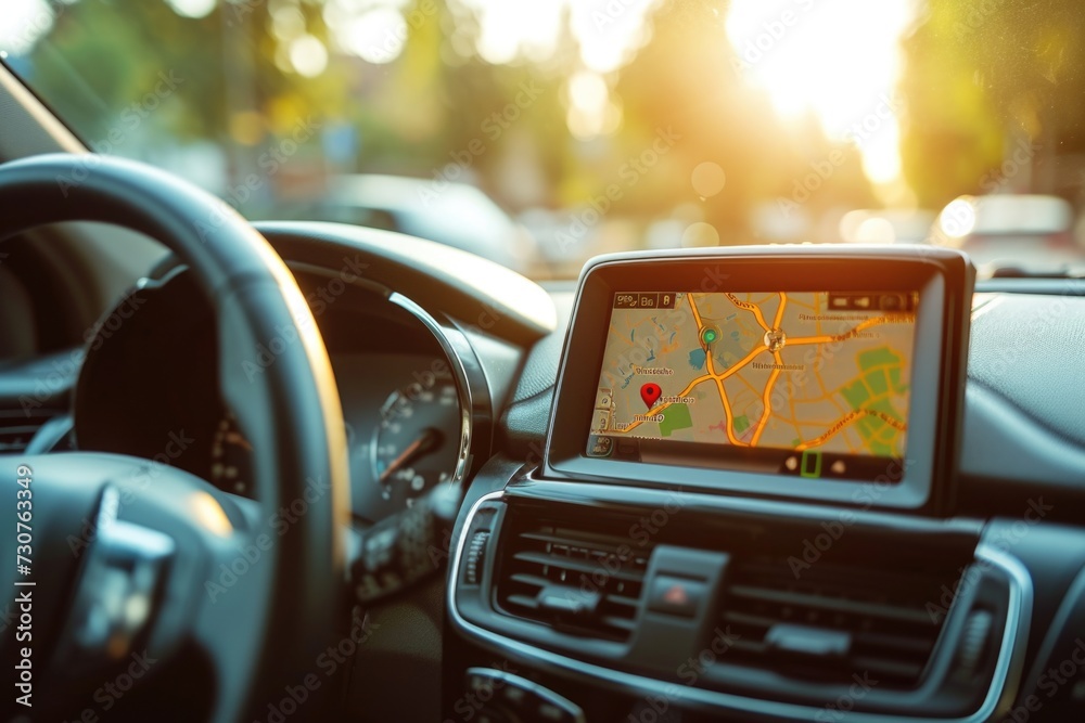 Poster A close-up view of a car dashboard with a GPS device. Perfect for illustrating modern technology in automobiles.