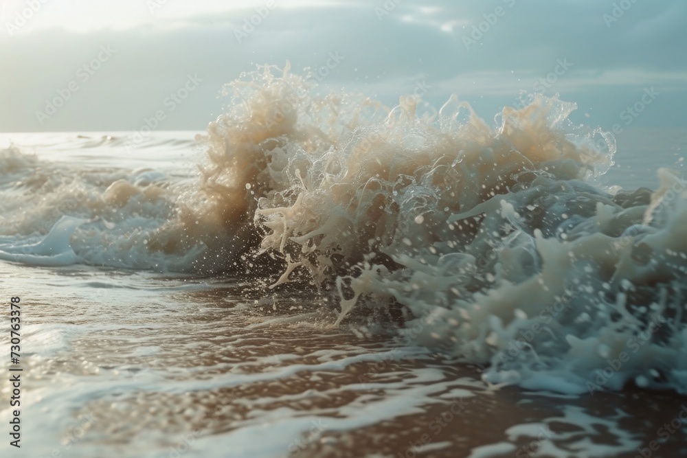 Poster a close up view of a wave crashing on a sandy beach. ideal for beach-themed designs or ocean-related
