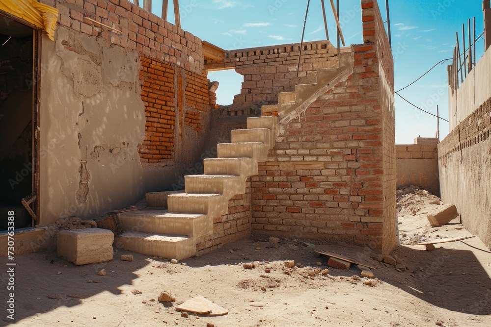 Poster a brick building with a staircase in the middle. suitable for architectural and urban photography