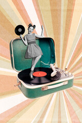 Creative 3d photo collage artwork vintage style poster with a girl who loves vinyl records music in...