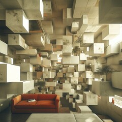 Interior of a modern office building with concrete walls, concrete floor and orange sofa