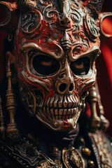 Fototapeta premium Close up of a person wearing a skull mask. Perfect for Halloween parties and spooky events