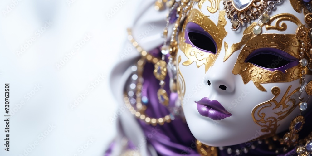 Poster A detailed view of a mask adorned with a purple scarf. This versatile image can be used in various contexts