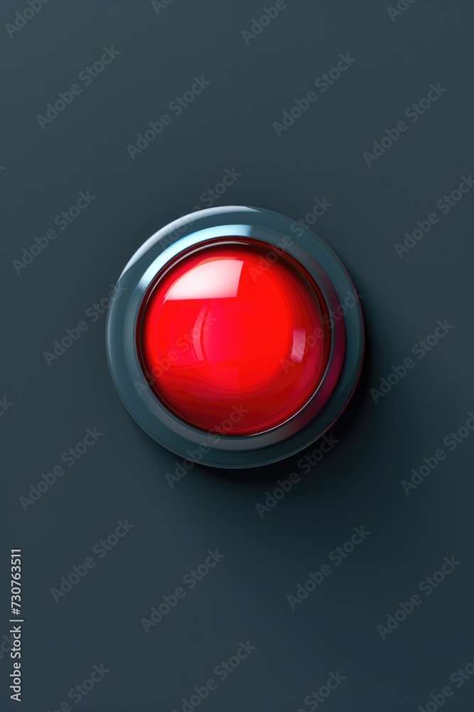 Poster A simple and minimalist image of a red button placed on a sleek black surface.