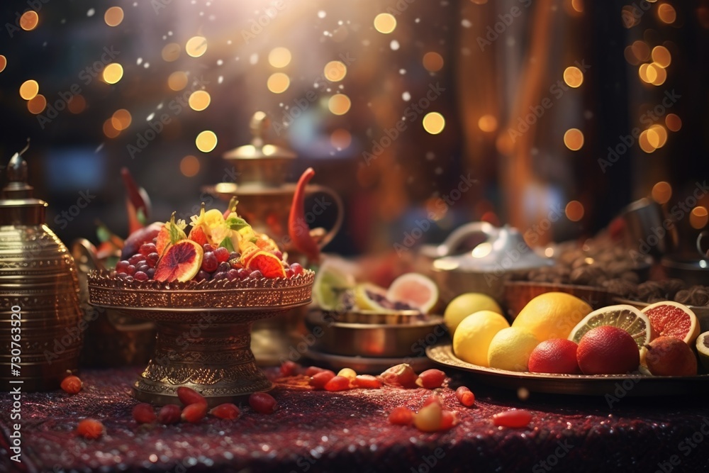 Poster A variety of different types of fruit displayed on a table. Ideal for use in healthy eating articles or recipe books