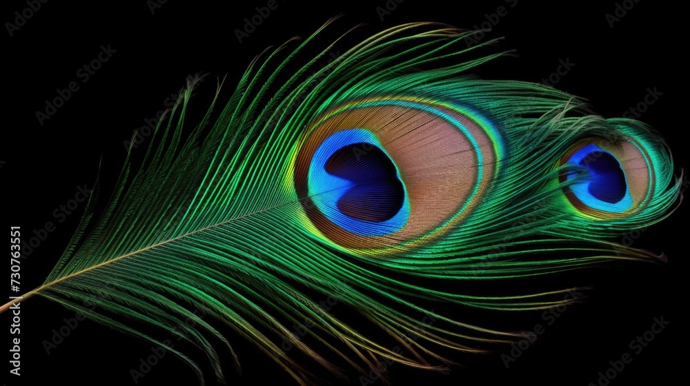 Poster A close-up view of a vibrant peacock feather against a dark black background. This image can be used to add a touch of elegance and beauty to various design projects