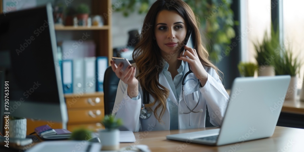 Aufkleber a woman sitting at a desk with a laptop and a cell phone. this image can be used to depict a modern 