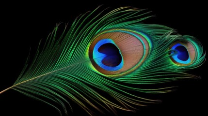 Obraz premium A close-up view of a vibrant peacock feather against a dark black background. This image can be used to add a touch of elegance and beauty to various design projects