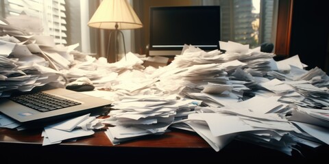 A laptop computer sitting on top of a pile of papers. Suitable for office, technology, and workspace concepts