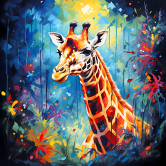 giraffe, colorful summer animal illustration, drawn by oil paints, jungle