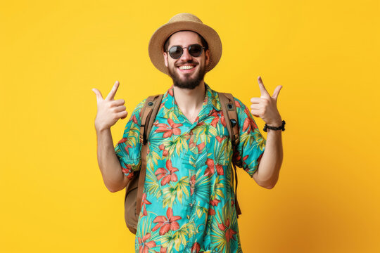 Portrait happy man with summer swim suit isolated on background for realax at beach on vacation, travel and holidays vacation concept.