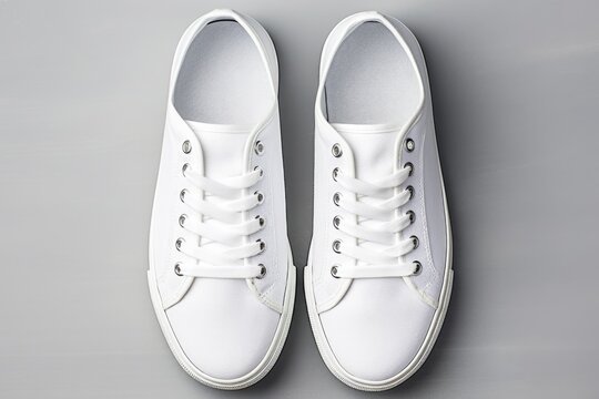White sneakers placed on a smooth gray surface. Suitable for fashion or sport-related designs