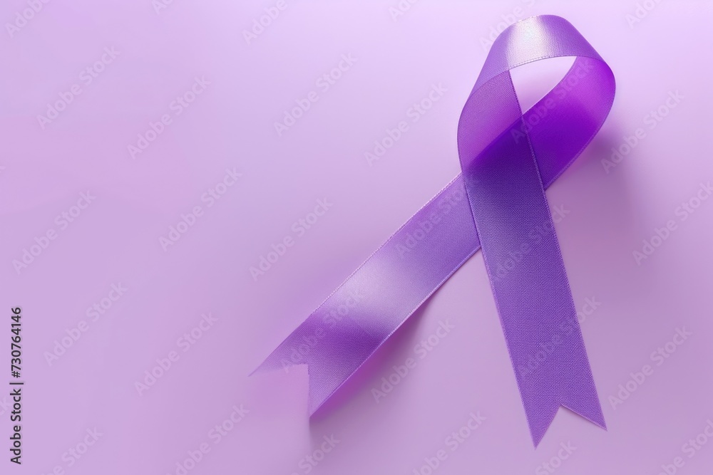 Poster A simple and elegant purple ribbon lying on a pristine white surface. Perfect for adding a touch of sophistication to any project or design