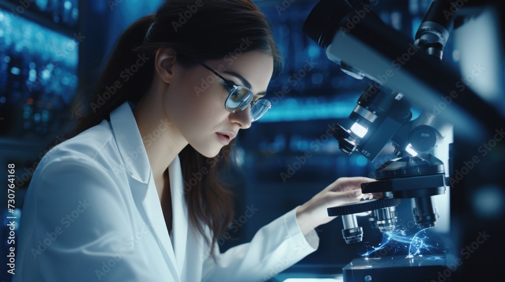 Poster a woman in a lab coat is focused as she looks through a microscope. this image can be used to depict