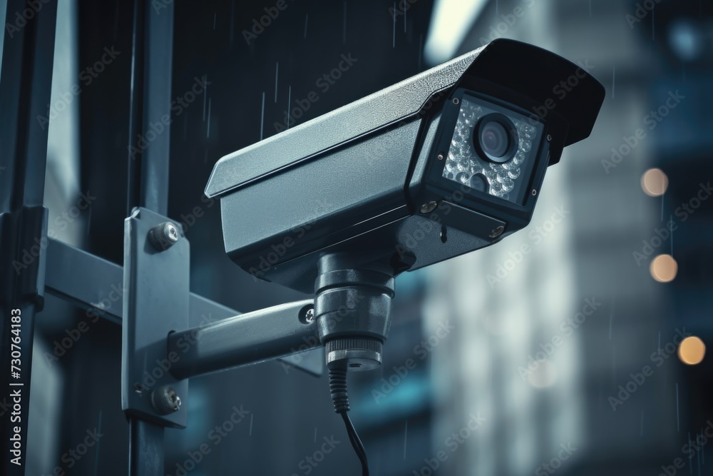 Poster a security camera mounted on a pole, capturing footage in the rain. perfect for illustrating surveil