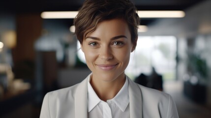 A woman wearing a white shirt and white blazer. Suitable for professional and formal attire concepts