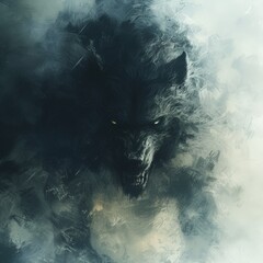 Black wolf with smoke on a white background. Digital art painting