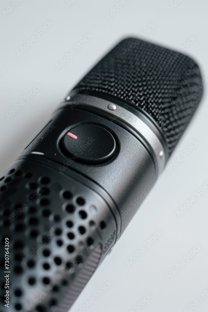 Poster A close-up view of a microphone placed on a table. This image can be used for various purposes
