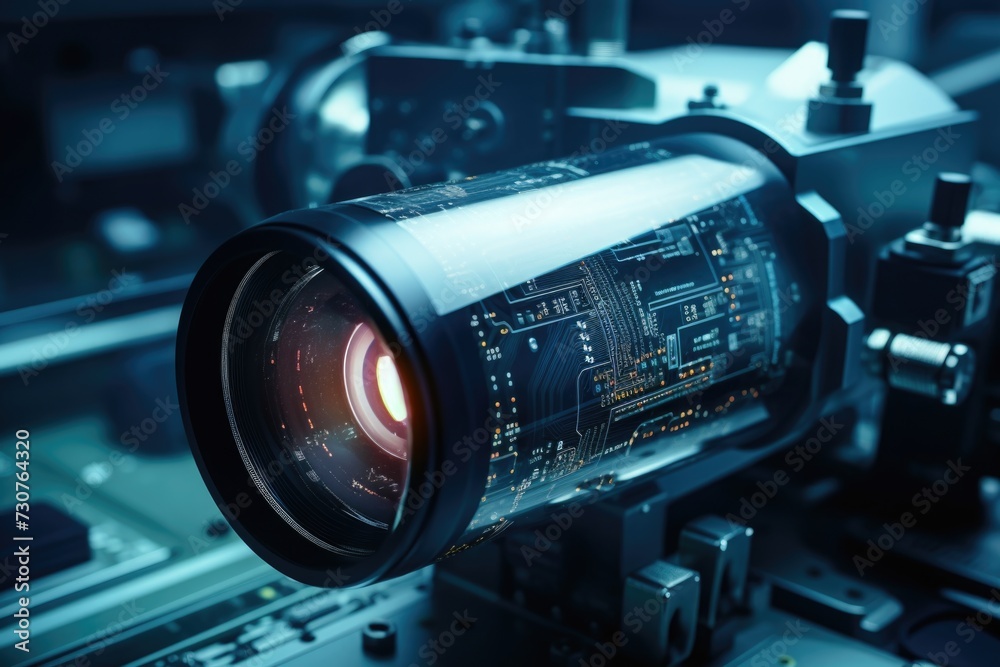 Poster A detailed close-up of a camera lens attached to a machine. This image can be used to showcase technology, photography equipment, or the process of capturing images