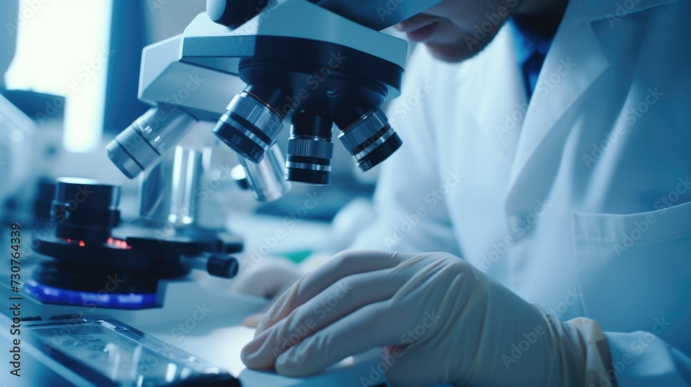 Aufkleber A man wearing a lab coat is seen peering through a microscope. This image can be used to represent scientific research, laboratory work, or education