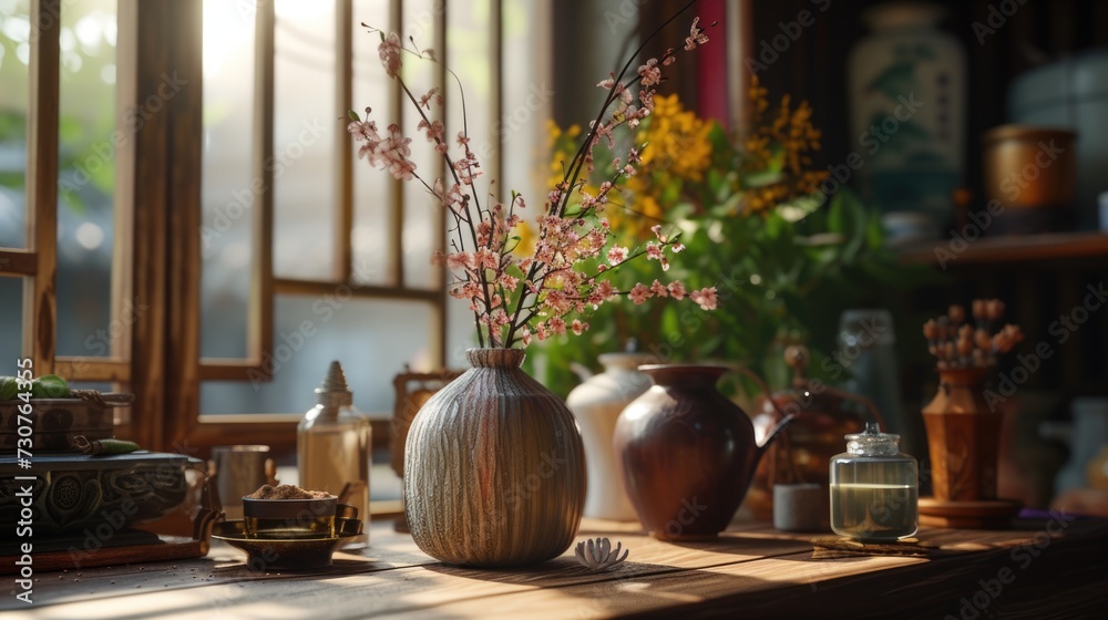 Aufkleber A simple and elegant image of a vase filled with beautiful flowers placed on a table. Suitable for various purposes
