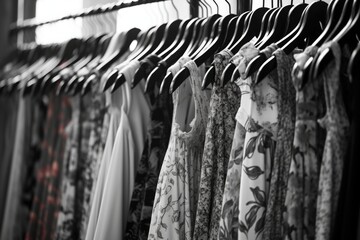 A black and white photo showcasing a rack of clothes. Perfect for fashion-related projects or illustrating a retail store concept