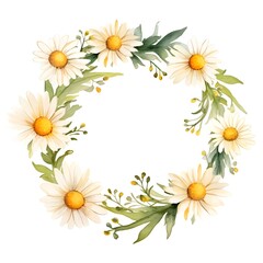 Watercolor floral wreath with chamomile and leaves painting isolated on a white background for print cover greeting decoration