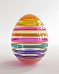 Obraz premium Colorful easter egg as a fully 3d object made of translucent plastic horizontal strips on a white background. Minimal Easter idea