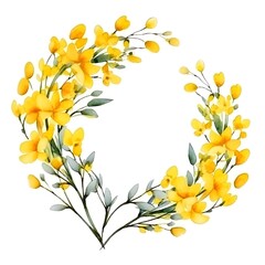Fototapeta na wymiar Watercolor wreath of spring Forsythia flowers illustration on white background for banner card print design