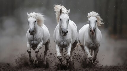 Fototapeta premium Three white arabian horse free run close up portrait against the backdrop of a thunderstorm