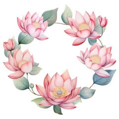 Watercolor pink Lotus flowers round frame on white background with copy space for nature season symbol concept