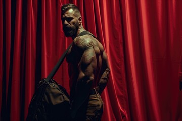 A shirtless man stands in front of a vibrant red curtain, holding a duffel bag. This image can be used to depict concepts of travel, fitness, or mystery