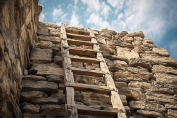 Fototapeta premium A wooden ladder leaning against a sturdy stone wall. Perfect for home improvement or construction projects