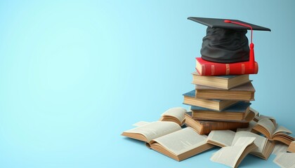 3d of hat, book on blue background. Modern flat design isometric concept of Education for website