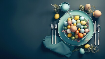 Easter table setting with colored eggs and cutlery. 3D rendering