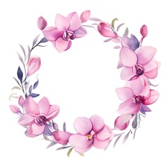 Watercolor wreath with pink Orchid flowers and leaves on white background for season nature plant concept