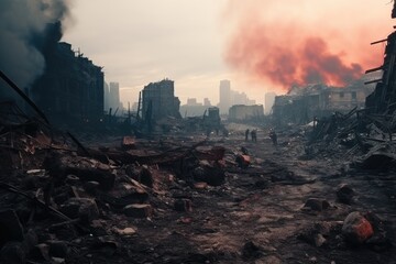 A group of people walking through a destroyed city. Suitable for illustrating post-apocalyptic scenarios or urban disaster themes
