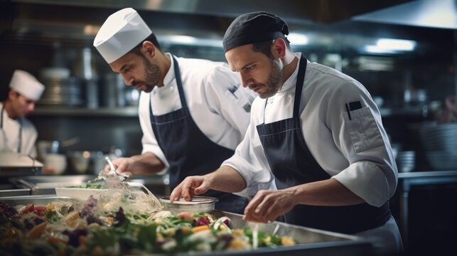 Two chefs in a commercial kitchen preparing food. This image can be used to showcase the culinary skills of professional chefs and the vibrant atmosphere of a busy kitchen