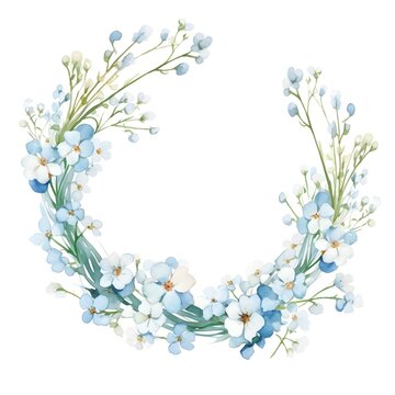 Watercolor pastel blue Gypsophila Baby’s Breath wreath on white background for season nature flower illustration