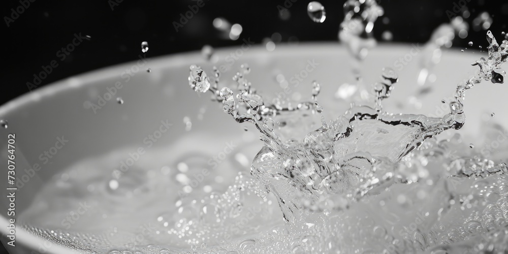 Poster A detailed close-up image of a bowl filled with water and a captivating splash frozen in time. Perfect for capturing the beauty and dynamics of water. Ideal for use in various design projects