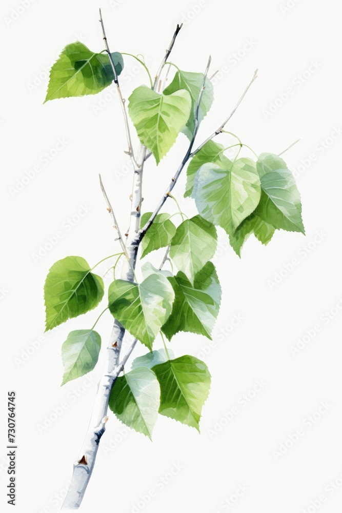 Poster a close-up image of a tree branch with lush green leaves against a clean white background. this vers